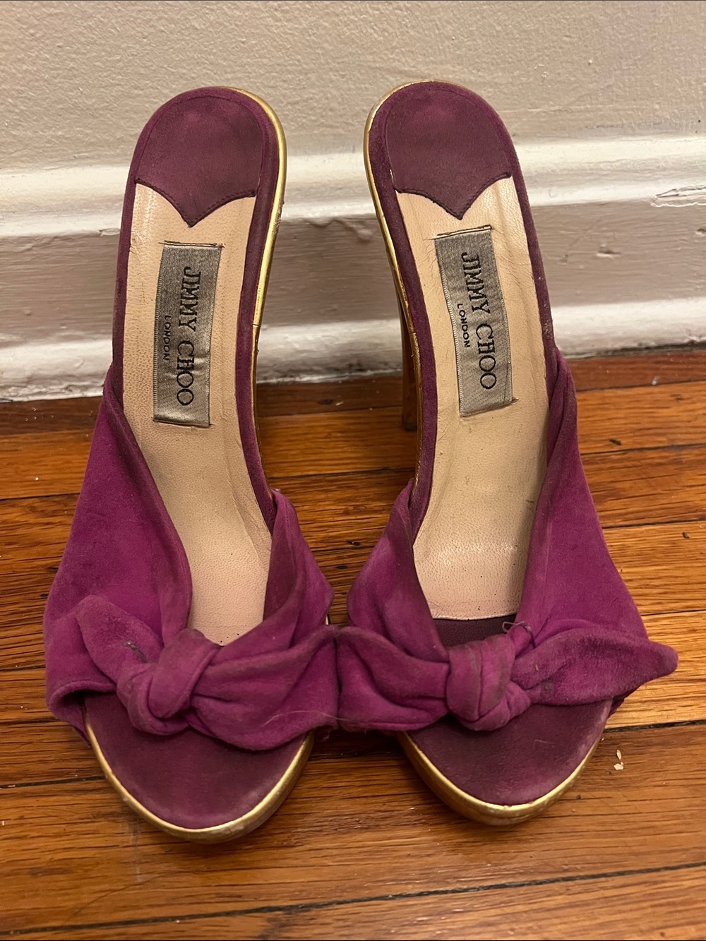 Jimmy Choo Women’s Purple Suede Knot Front Heeled Sandals
